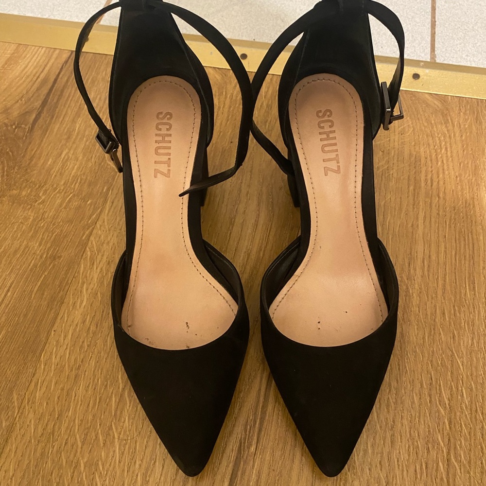 SCHUTZ Black Strappy Suede Heels
